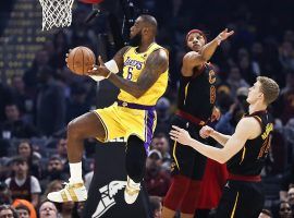 LeBron James from the LA Lakers drives to the hoop against the Cleveland Cavs. (Image: Louis Hugh/Getty)          