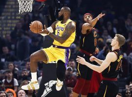 LeBron James from the LA Lakers drives to the hoop against the Cleveland Cavs. (Image: Louis Hugh/Getty)Â Â Â Â Â Â Â Â Â Â 