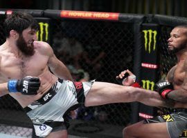 Magomed Ankalaev (left) extended his winning streak to eight by beating Thiago Santos (right) on Saturday. (Image: Getty)