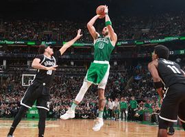 Jayson Tatum from the Boston Celtics takes a pull-up jumper against the Brooklyn Nets. (Image: Getty)