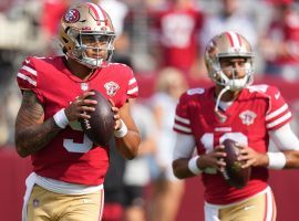 Quarterbacks Trey Lance (9) and Jimmy Garoppolo (10) during warmups for the San Francisco 49ers at Levi Stadium in Santa Clara. (Image: Thomas York/Getty)