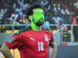 Mohamed Salah found it hard to keep his composure from the penalty spot, as hundreds of lasers were directed at him. (Image: Twitter/espnfc)