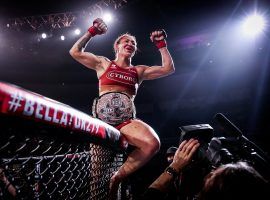 Cris Cyborg defeated Arlene Blencowe on Saturday to defend her Bellator Womenâ€™s Featherweight title. (Image: Bellator MMA)