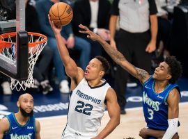 Desmond Bane from the Memphis Grizzlies shots a layup against the Minnesota Timberwolves at Target Center in Game 6. (Image: Brad Rempel/USA Today Sports)