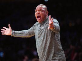 Doc Rivers, head coach of the Philadelphia 76ers, argues a call with an official during a recent home game at the Wells Fargo Center. (Image: Patricia Reilly/Getty)