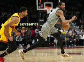 Kevin Durant from the Brooklyn Nets puts a move on Timothe Luwawu-Cabarrot from the Atlanta Hawks to score two of his career-high 55 points. (Image: Getty)