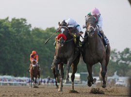 Hot Rod Charlie and Flavien Prat (L) were disqualified from last year's Haskell Stakes at Monmouth Park. Prat later said New Jersey's no-crop rule was partially to blame for the colt's interference and Mandaloun's victory. (Image: Bill Denver/EQUI-PHOTO)