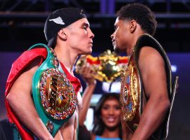 Shakur Stevenson (right) and Oscar Valdez (left) will put their titles and undefeated records on the line in Las Vegas on Saturday night. (Image: Mikey Williams/Top Rank/Getty)