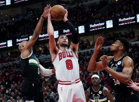 Zach LaVine from the Chicago Bulls drives to the basket against Giannis 'Greek Freak' Antetokounmpo from the Milwaukee Bucks in Game 4. (Image: Getty)