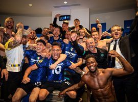 Inter's players celebrate after beating Milan 3-0 in the Italian Cup semifinals earlier this month. The two city rivals will now fight for the Serie A league title. (Image: Twitter/goal)