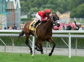 Jessica Pyfer and Bally's Charge were all alone down the stretch of Saturday's Snow Chief Stakes at Santa Anita. It was Pyfer's first stakes victory as a journeyman jockey. (Image: Benoit Photo)