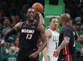 Bam Adebayo from the Miami Heat celebrates a victory after the Heat nearly blew a lead without Jimmy Butler in the lineup in the second half. (Image: Getty)