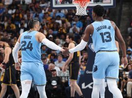Dillon Brooks and Jaren Jackson, Jr. from the Memphis Grizzlies celebrate a victory in Game 5 against the Golden State Warriors at FedEx Forum. (Image: Donald Becker/Getty)