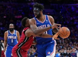 Joel Embiid, who missed two games with an orbital fracture and concussion, wore a face mask during a Game 3 victory for the Philadelphia 76ers over the Miami Heat at Wells Fargo Center. (Image: Mitchell Leff/Getty)