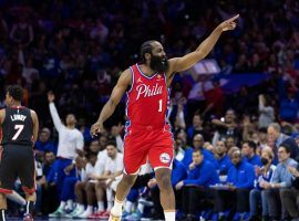 James Harden from the Philadelphia 76ers celebrates a big 3-pointer in the fourth quarter against the Miami Heat. (Image: Getty)