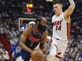 James Harden from the Philadelphia 76ers attempts to blow by Tyler Herro of the Miami Heat during a Game 1 loss at American Airlines Arena in downtown Miami. (Image: Getty)