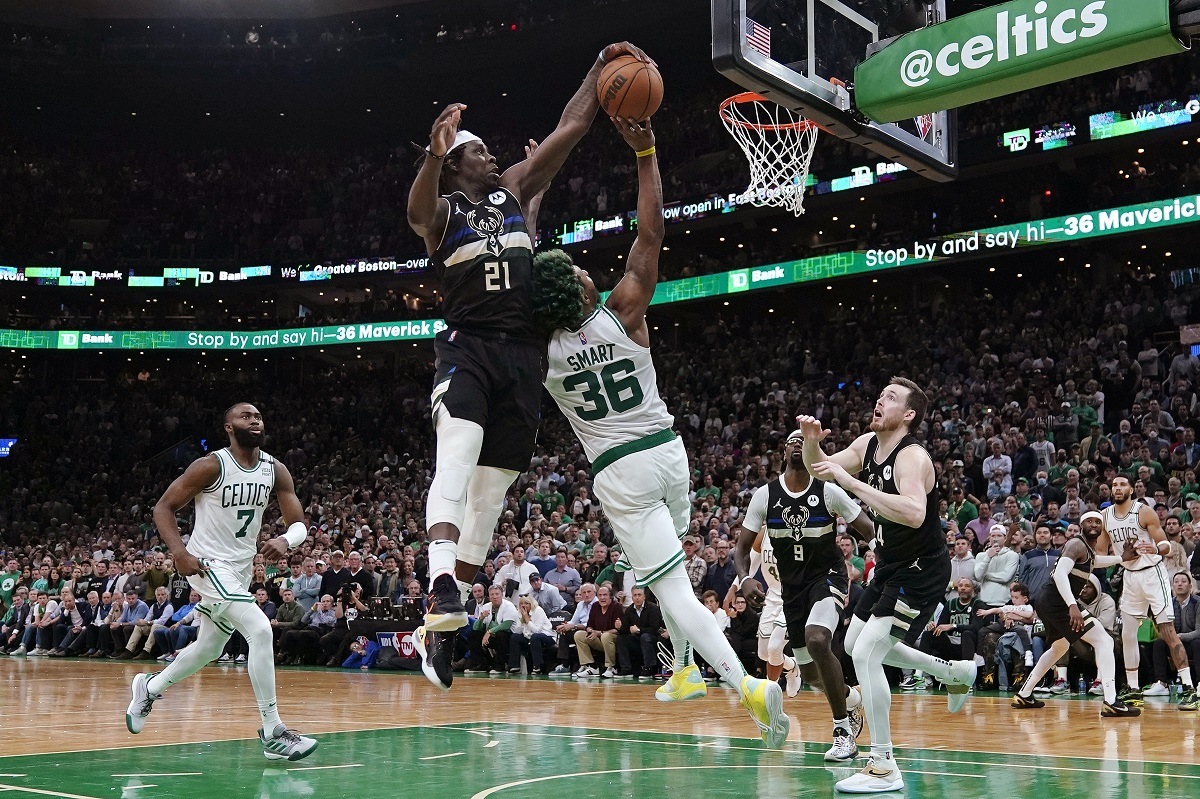 Milwaukee Bucks Jrue Holiday blocked shot Boston Celtics Game 5