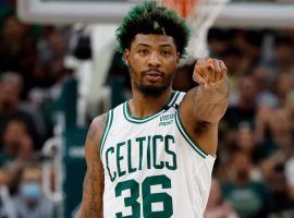 Marcus Smart from the Boston Celtics points to teammates after a victory in the second round of the NBA playoffs. (Image: Peter Carini/Getty)