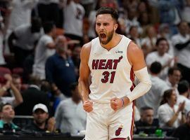 A fired-up Max Strus celebrates a victory for the Miami Heat in Game 5 against the Philadelphia 76ers at American Airlines Arena in downtown Miami. (Image: Getty)