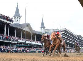Rich Strike (right) passes favorite Epicenter with 50 yards to go to win the 148th Kentucky Derby Saturday at Churchill Downs. At 80.80/1, Rich Strike pulled off the second-biggest upset in Derby history, trailing only Donegal's 91/1 shocker in 1913. (Image: Churchill Downs/Coady Photography)