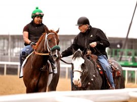 Hall of Fame trainer D. Wayne Lukas (right on his exercise pony) takes aim at his record-tying seventh Preakness Stakes title with filly Secret Oath. The Kentucky Oaks winner would be the seventh filly to win the second jewel of the Triple Crown. (Image: Maryland Jockey Club)
