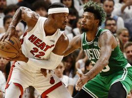 Jimmy Butler of the Miami Heat battles Marcus Smart from the Boston Celtics in the Eastern Conference Finals at American Airlines Arena. (Image: Getty)