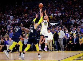 Steph Curry from the Golden State Warriors shoots over a double team from the Memphis Grizzlies in Game 4 at Chase Center in San Francisco. (Image: Getty)