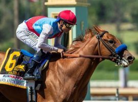 Mike Smith and Taiba will attempt to parlay this Santa Anita Derby win into a Kentucky Derby triumph as only the second Derby winner since 1882 to win without racing as a 2-year-old. (Image: Benoit Photo)