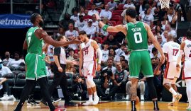 Jaylen Brown and Jayson Tatum from the Boston Celtics celebrate a Game 2 victory over the Miami Heat at American Airlines Arena. (Image: Garcia Jerome)