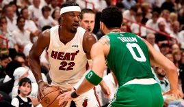 Jayson Tatum from the Boston Celtics defends Jimmy Butler from the Miami Heat in the Eastern Conference Finals. (Image: Getty)