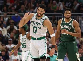 Jayson Tatum from the Boston Celtics celebrates a Game 6 victory againstÂ  Giannis 'Greek Freak' Antetokounmpo and the Milwaukee Bucks at the Fiserv Center. (Image: Paige M. Connell)