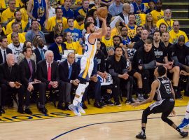 Steph Curry scoring a three point basket as he takes his place in the ultimate Western Conference team (Credit: Kelley L Cox-USA TODAY Sports