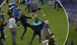 Patrick Vieira kicked an Everton supporter who provoked him after a mass pitch invasion at Goodison Park. (Image: skysports.com)