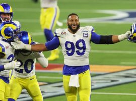 Aaron Donald from the LA Rams celebrates a victory in Super Bowl 56 at SoFi Stadium. (Image: Robb Carr/Getty)