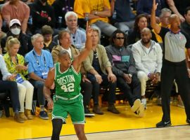 Al Horford from the Boston Celtics celebrates a 3-point shot in Game of the 2022 NBA Finals against the Golden State Warriors. (Image: Getty)