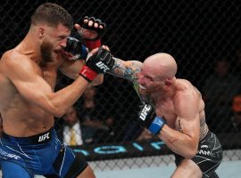 Josh Emmett (right) scored a split decision win over Calvin Kattar (left) on Saturday in the main event of UFC Fight Night. (Image: Josh Hedges/Zuffa)