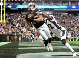 Hunter Renfrow from the Las Vegas Raiders hauls in a touchdown reception against the Denver Broncos. (Image: USA Today Sports)