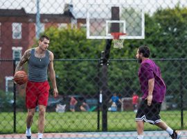 Bo Cruz (Juancho Hernangomez) and Stanley Sugerman (Adam Sandler) during a workout in Hustle, a basketball movie produced by LeBron James and Sandler. (Image: Netflix)