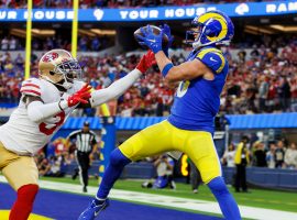 Cooper Kupp from the LA Rams scores one of two touchdowns against the San Francisco 49ers in the NFC Championship Game at SoFi Field in Inglewood, CA. (Image: Harry How/Getty)