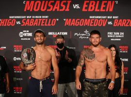 Gegard Mousasi (left) will defend his middleweight title against the undefeated Johnny Eblen (right) at Bellator 282 on Friday. (Image: Bellator MMA)
