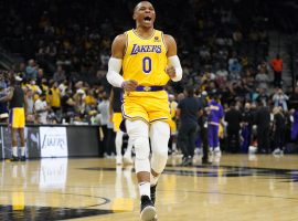 Russell Westbrook celebrates a rare victory with the LA Lakers last season despite constant trade rumors. (Image: Scott Wachter/USA Today Sports)
