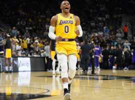 Russell Westbrook celebrates a rare victory with the LA Lakers last season despite constant trade rumors. (Image: Scott Wachter/USA Today Sports)