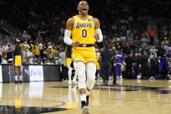 Russell Westbrook celebrates a rare victory with the LA Lakers last season despite constant trade rumors. (Image: Scott Wachter/USA Today Sports)