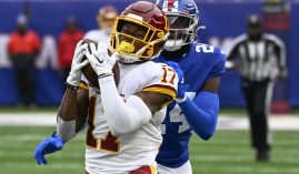 Wide receiver Terry McLaurin snags a catch for the Washington Commanders against the New York Giants in 2021. (Image: Getty)