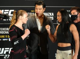 Valentina Shevchenko will defend her flyweight title against Taila Santos at UFC 275 on Saturday night. (Image: Yong Teck Lim/Getty)