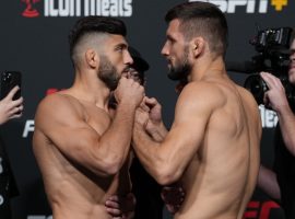 Arman Tsarukyan (left) will take on Mateusz Gamrot in the main event of UFC on ESPN 38. (Image: Getty)