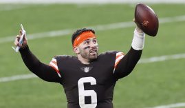 Quarterback Baker Mayfield, then with the Cleveland Browns, celebrates a victory against the Steelers. (Image: Ron Schwane/AP)