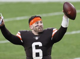 Quarterback Baker Mayfield, then with the Cleveland Browns, celebrates a victory against the Steelers. (Image: Ron Schwane/AP)
