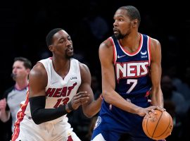 Bam Adebayo from the Miami Heat defends Kevin Durant of the Brooklyn Nets. (Image: Getty)