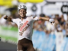 An ecstatic Bob Jungels celebrates a victory in Stage 9 of the 2022 Tour de France at the finish line in Chatel on the Swiss border. (Image: Gonzalo Fuentes/Reuters)